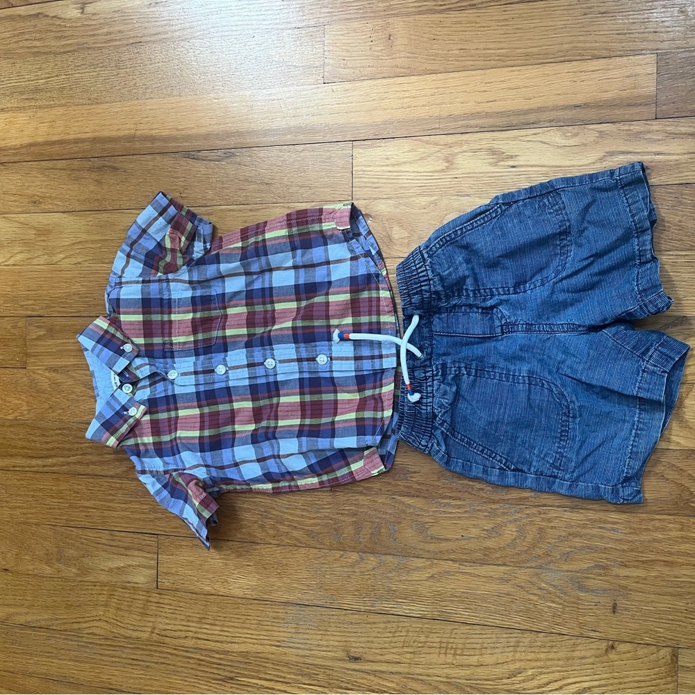Janie and Jack Multicolor Plaid Shirt and denim shorts set 12-18 mos